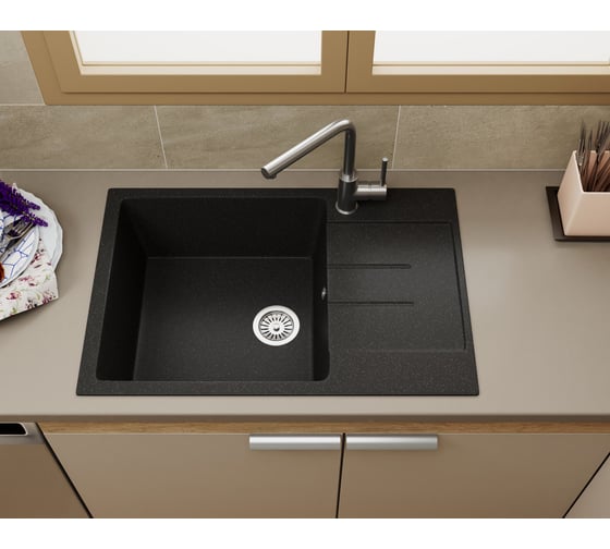 Мойка для кухни оборачиваемая с крылом Bauedge BAU Stil Black stone 76x50, выпуск с сифоном в комплекте, черный камень GR0165