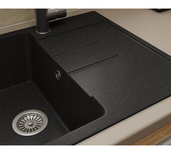 Мойка для кухни оборачиваемая с крылом Bauedge BAU Stil Black stone 76x50, выпуск с сифоном в комплекте, черный камень GR0165