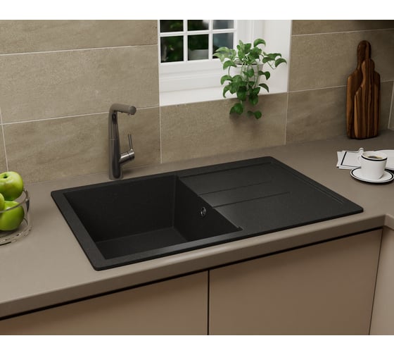 Мойка для кухни оборачиваемая с крылом Bauedge BAU Stil Black stone 77x50, выпуск с сифоном в комплекте, черный камень GR0161