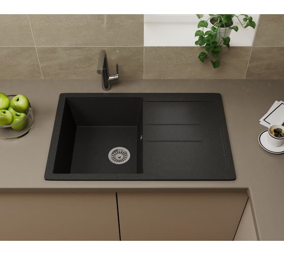 Мойка для кухни оборачиваемая с крылом Bauedge BAU Stil Black stone 77x50, выпуск с сифоном в комплекте, черный камень GR0161