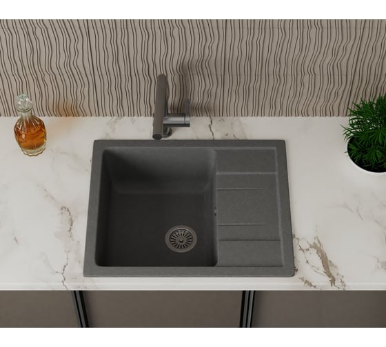 Мойка для кухни оборачиваемая с крылом Bauedge BAU Stil Gray stone 61x50, выпуск с сифоном в комплекте, серый камень GR0151