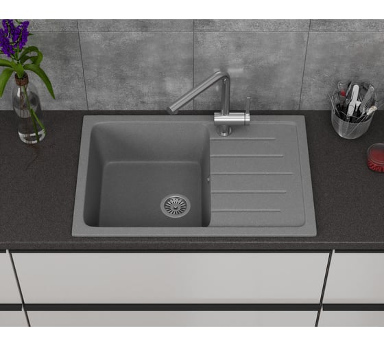 Мойка для кухни оборачиваемая с крылом Bauedge BAU Stil Gray stone 75x50, выпуск с сифоном в комплекте, серый камень GR0155