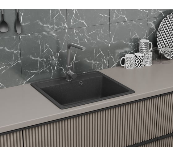 Мойка для кухни Bauedge BAU Stil Black stone 56x50, выпуск с сифоном в комплекте, черный камень GR0128