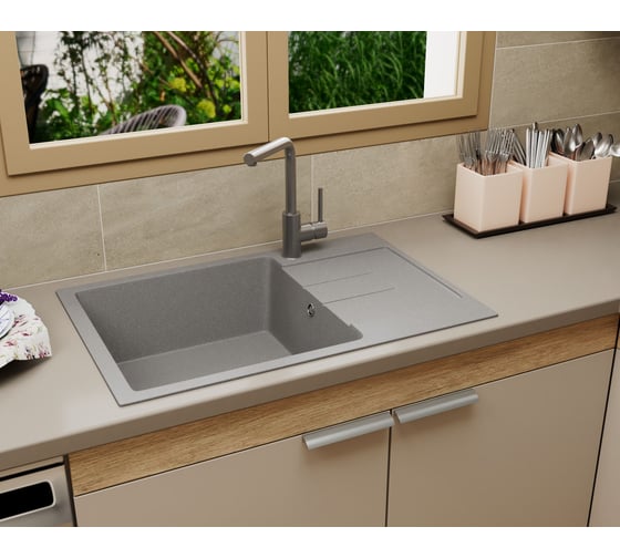 Мойка для кухни оборачиваемая с крылом Bauedge BAU Stil Gray stone 76x50, выпуск с сифоном в комплекте, серый камень GR0163