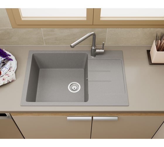 Мойка для кухни оборачиваемая с крылом Bauedge BAU Stil Gray stone 76x50, выпуск с сифоном в комплекте, серый камень GR0163