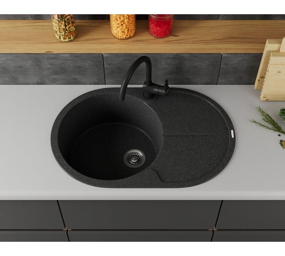 Мойка для кухни врезная Bauedge BAU Dream Black 78x51, черный, кварцевая, в комплекте с сифоном BAU0034