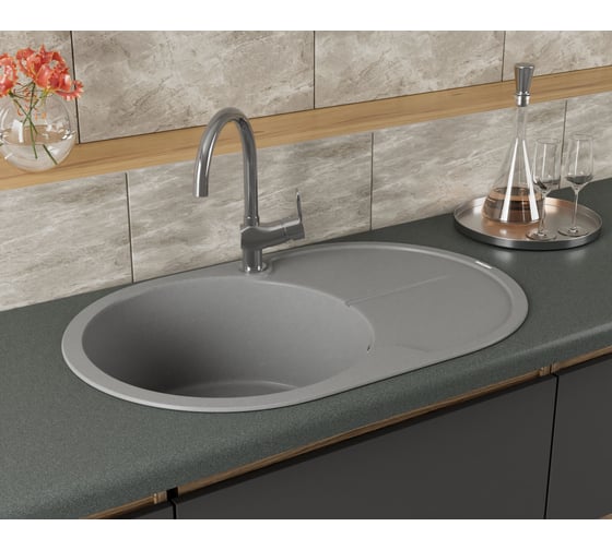 Мойка для кухни врезная Bauedge BAU Dream Gray silk 78x51, серый шёлк, кварцевая, в комплекте с сифоном BAU0033