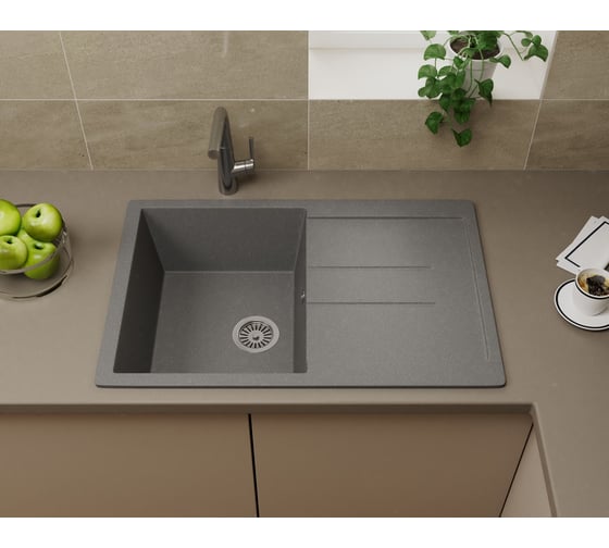 Мойка для кухни оборачиваемая с крылом Bauedge BAU Stil Gray stone 77x50, выпуск с сифоном в комплекте, серый камень GR0159
