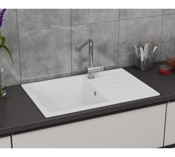 Мойка для кухни оборачиваемая с крылом Bauedge BAU Stil White snow 75x50, выпуск с сифоном в комплекте, белый снег GR0156