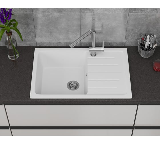 Мойка для кухни оборачиваемая с крылом Bauedge BAU Stil White snow 75x50, выпуск с сифоном в комплекте, белый снег GR0156