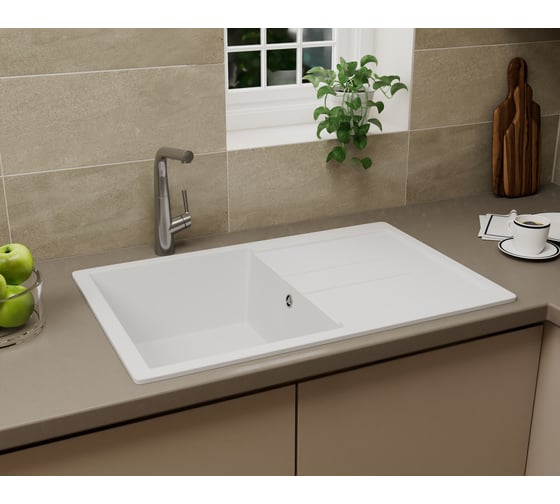 Мойка для кухни оборачиваемая с крылом Bauedge BAU Stil White snow 77x50, выпуск с сифоном в комплекте, белый снег GR0160