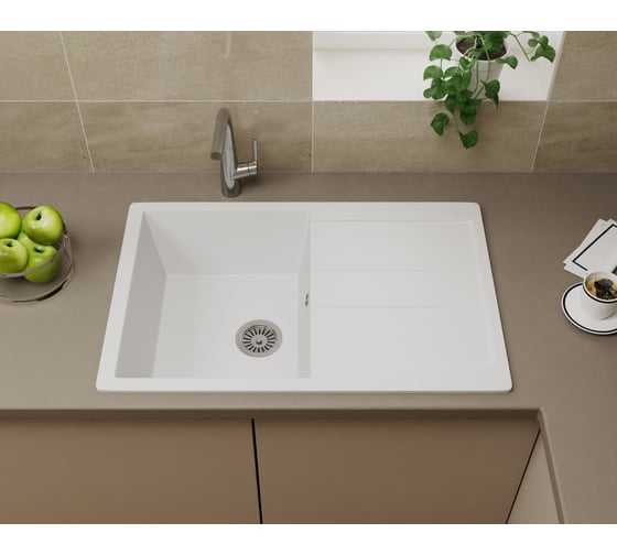 Мойка для кухни оборачиваемая с крылом Bauedge BAU Stil White snow 77x50, выпуск с сифоном в комплекте, белый снег GR0160