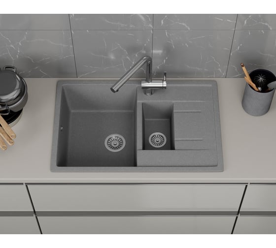Мойка для кухни Bauedge оборачиваемая, полуторная чаша с крылом BAU Stil Gray stone 77x50, выпуск с сифоном в комплекте, серый камень GR0177