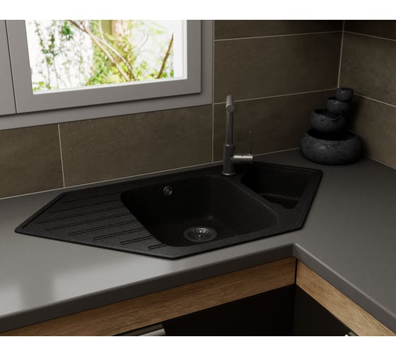 Угловая мойка для кухни Bauedge BAU Triangle Black stone 97x50, выпуск с сифоном в комплекте, черный камень GR0182