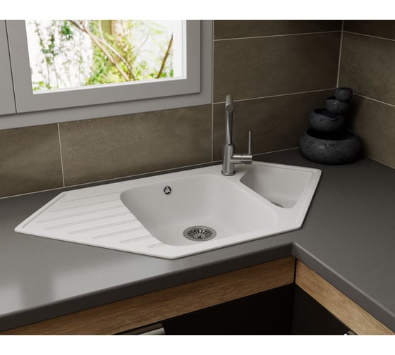 Угловая мойка для кухни Bauedge BAU Triangle White snow 97x50, выпуск с сифоном в комплекте, белый снег GR0181