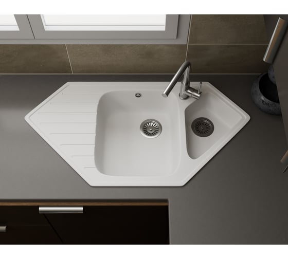 Угловая мойка для кухни Bauedge BAU Triangle White snow 97x50, выпуск с сифоном в комплекте, белый снег GR0181