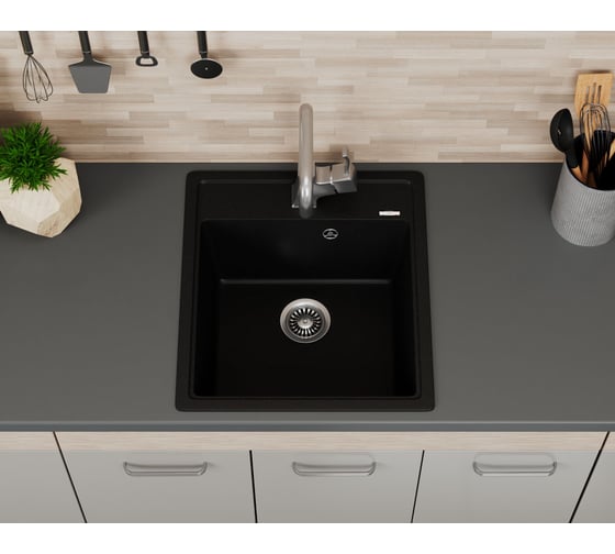 Мойка для кухни Bauedge врезная, кварцевая, в комплекте с сифоном BAU Stil Anthracite 46x51, антрацит BAU0001