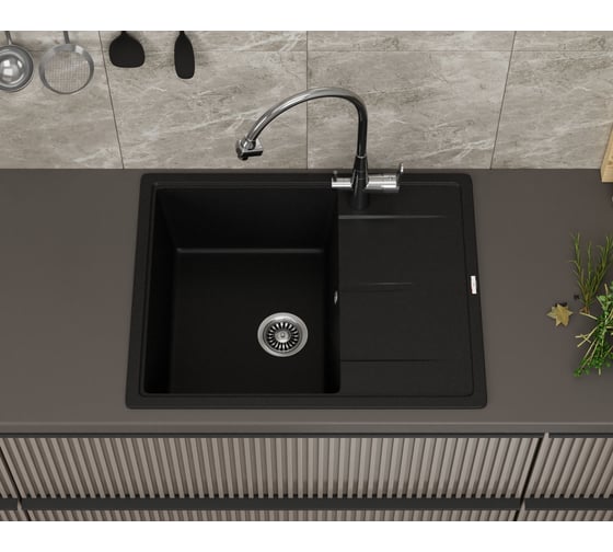 Мойка для кухни Bauedge врезная, кварцевая, в комплекте с сифоном BAU Stil Anthracite 65x51, антрацит BAU0010