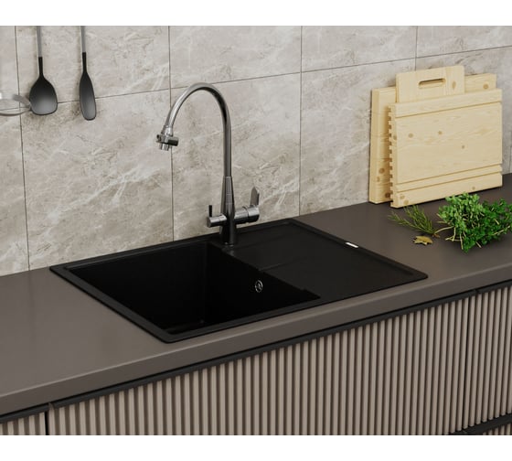 Мойка для кухни Bauedge врезная, кварцевая, в комплекте с сифоном BAU Stil Anthracite 65x51, антрацит BAU0010