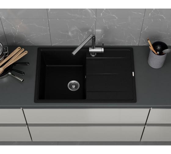 Мойка для кухни Bauedge врезная, кварцевая, в комплекте с сифоном BAU Stil Anthracite 78x51, антрацит BAU0020
