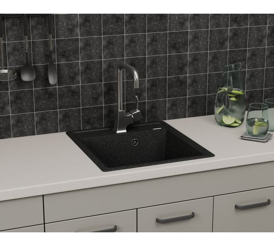 Мойка для кухни Bauedge врезная, кварцевая, в комплекте с сифоном BAU Stil Black 46x51, черный BAU0005