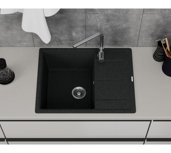 Мойка для кухни Bauedge врезная, кварцевая, в комплекте с сифоном BAU Stil Black 65x51, черный BAU0014