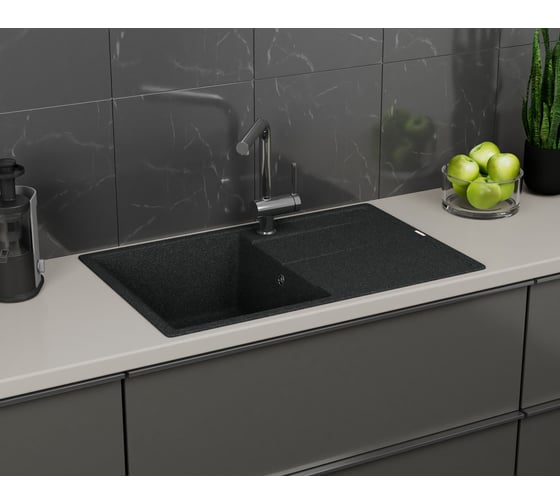 Мойка для кухни Bauedge врезная, кварцевая, в комплекте с сифоном BAU Stil Black 78x51, черный BAU0024