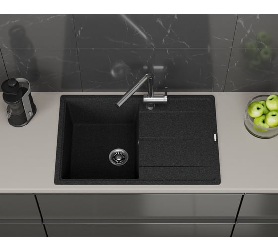 Мойка для кухни Bauedge врезная, кварцевая, в комплекте с сифоном BAU Stil Black 78x51, черный BAU0024