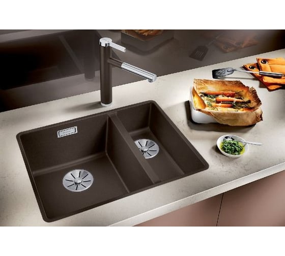 Мойка Blanco SUBLINE 340 160 U SILGRANIT жасмин, чаша слева, с отводной арматурой InFino 523553