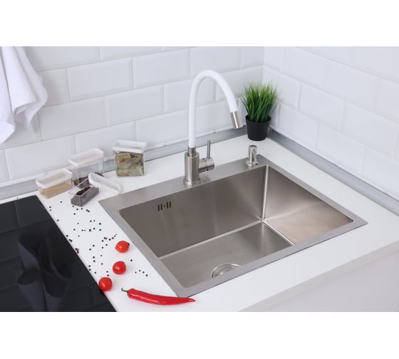 Мойка из нержавеющей стали Alcora Vienna 50х45 см., цвет satin. В комплекте сифон и смеситель Langfoss белый 3045028S+SS-SF-204A (White)