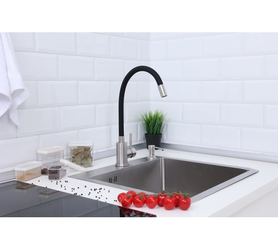 Мойка из нержавеющей стали Alcora Vienna 50х45 см., цвет Nano Black. В комплекте сифон, диспенсер и смеситель Langfoss черный 3045028S+SS-SF-204A (Black)+3046513S