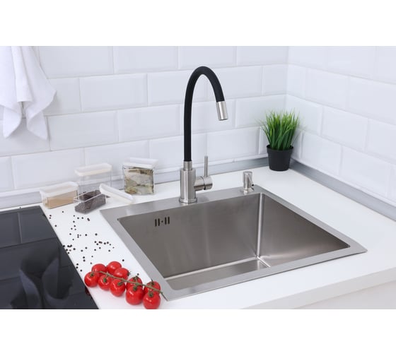 Мойка из нержавеющей стали Alcora Vienna 50х45 см., цвет Nano Black. В комплекте сифон, диспенсер и смеситель Langfoss черный 3045028S+SS-SF-204A (Black)+3046513S