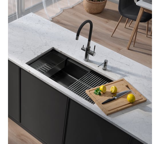 Мойка кухонная Lemark TABAGA 820 из нерж.стали цвет:графит в комплекте ролл-мат, коландер, разд.доска, крепеж, арматура сливная с прямоуг.переливом, сифон 9936135