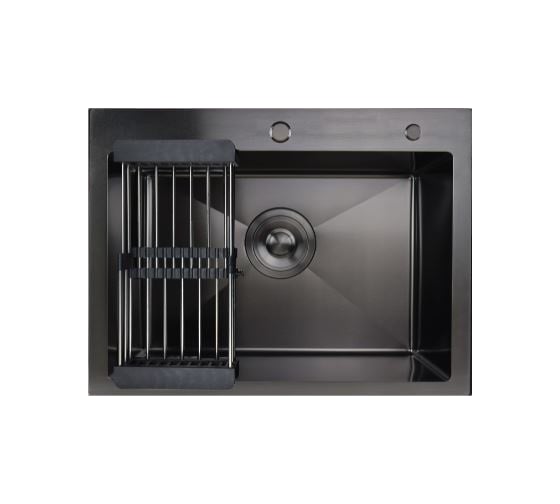 Мойка для кухни Marrbaxx из нержавеющей стали, 60х45 см, с круглым сливом, графит, в комплекте сифон, дозатор для мыла, решетка/коландер для овощей. В6045-MR