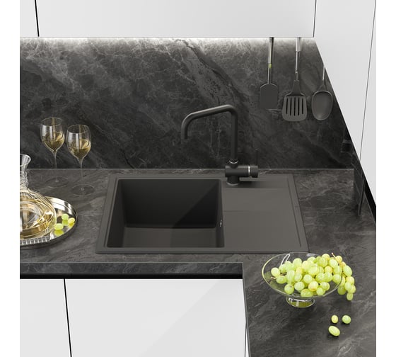 Мойка кухонная Misty TITAN - 65 см, кварц.композит. Прямоугольная (блок 50), антрацит TIT-65х51-01