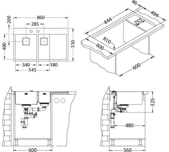 Мойка ALVEUS STYLUX 60 SAT-90 860x510 1+1/2 правая в компл.с сифоном 1084296