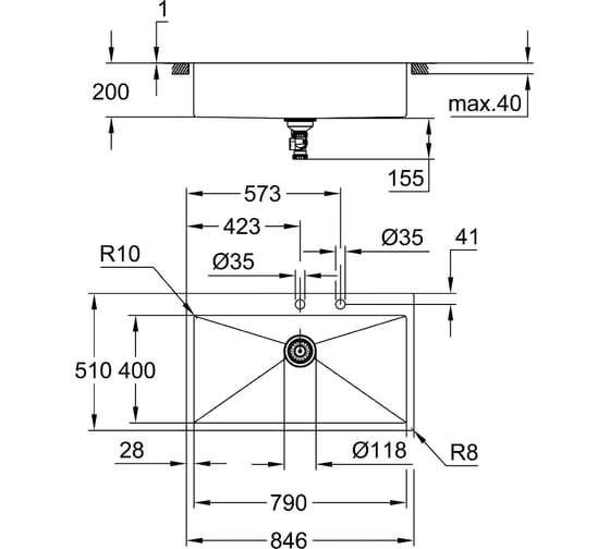 Мойка из нержавеющей стали GROHE K800 90-S 84.6/56, 1 чаша 31584SD1
