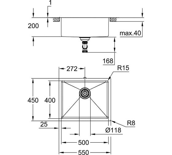 Мойка из нержавеющей стали GROHE K700U 60-S 54.4/44.4, 1 чаша 31574SD1