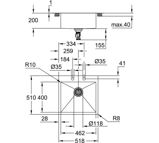 Мойка из нержавеющей стали GROHE K800 60-S 51.8/56, 1 чаша 31583SD1