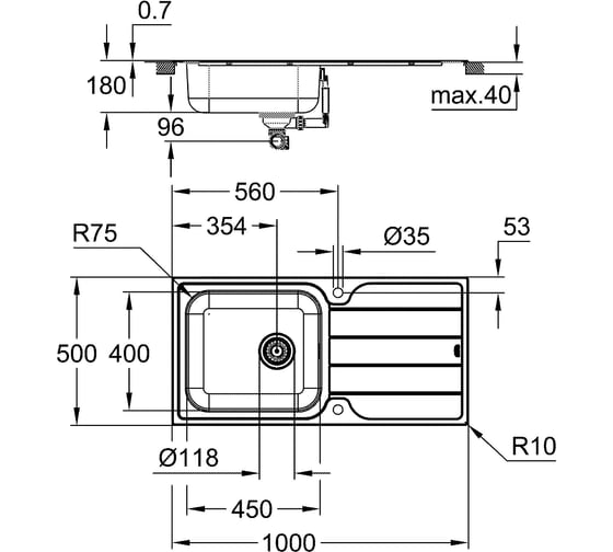 Мойка из нержавеющей стали GROHE K200 45-S 86/50, 1 чаша, с корзинчатым вентилем 31563SD1