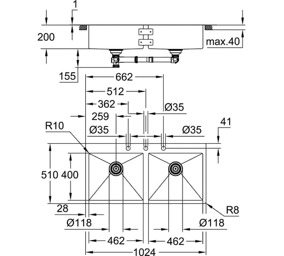 Мойка из нержавеющей стали GROHE K800 120-S 102.4/56, 2 чаши 31585SD1