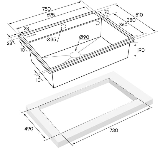 Мойка Paulmark STEPIA 80, IT-GRANIT + коландер ADVANCE брашированная нерж. сталь, PM117551-WH+A375-BS