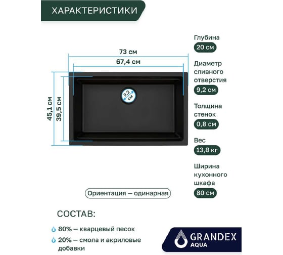 Кварцевая кухонная мойка Grandex AQUA COMFORT 73U BLACK METALIC 500305