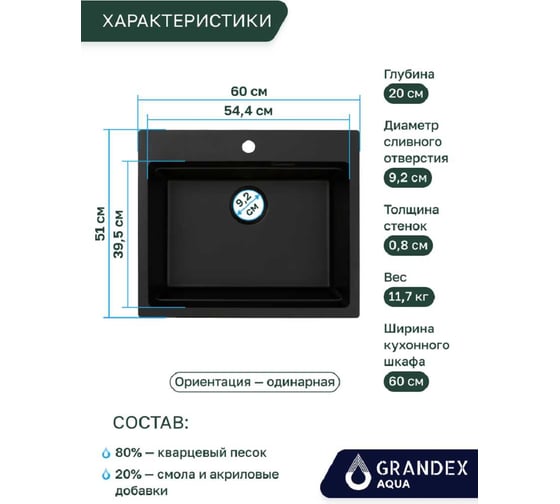 Кварцевая кухонная мойка Grandex AQUA COMFORT 60F BLACK METALIC 500505