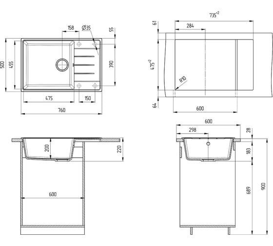 Кварцевая кухонная мойка Grandex AQUA TOPLINE 76F CONCRETE 600212