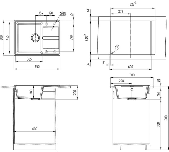 Кварцевая кухонная мойка Grandex AQUA TOPLINE 65F CONCRETE 600312
