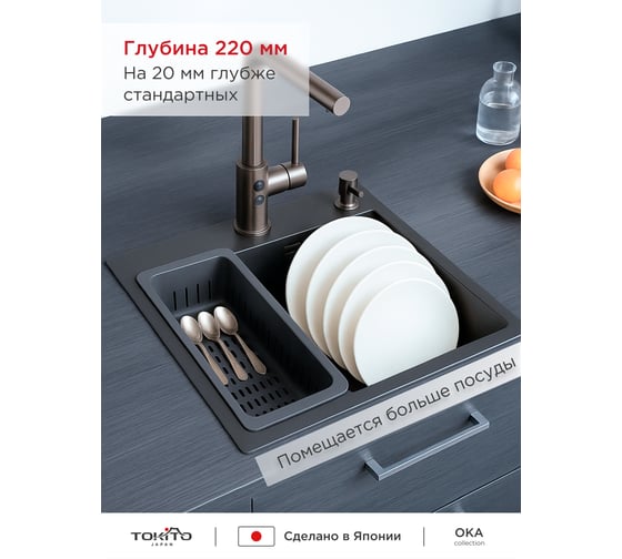 Мойка для кухни врезная TOKITO 50x50 см, графит TOK-OKA-5050-GF