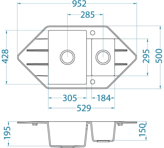 Мойка ALVEUS CUBO 80 A22 TERRA 952x500 1+1/2 в комп.с сифоном 1054776