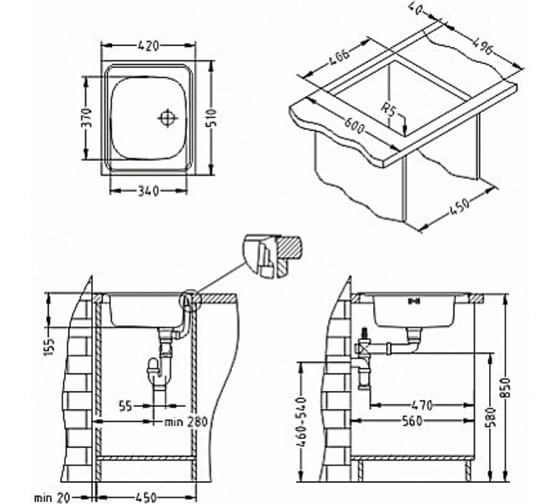 Мойка ALVEUS BASIC 30 NAT-60 420x510 в комплекте с сифоном 1009046