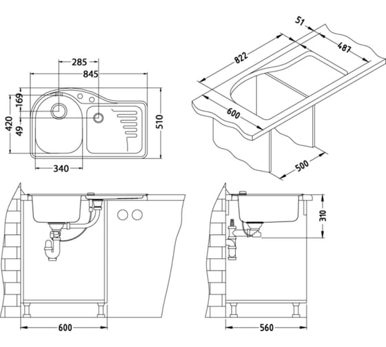Мойка ALVEUS ALGRANIT FUTUR 40R A90 845x510 с сифоном 1015595
